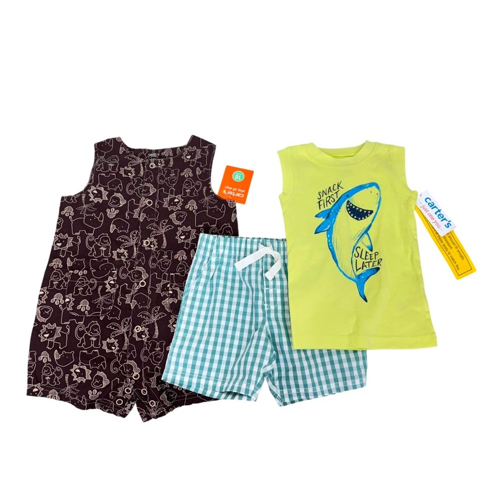 Carter’s 3 Piece Lot Assorted Boys Clothes Safari Sunsuit Plaid Shorts & PJ Tank